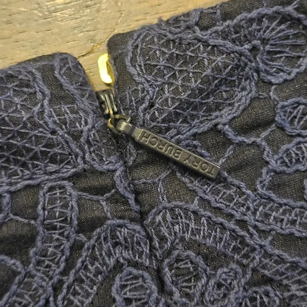 Tory Burch Dress Womens Size 4 Navy Blue Lace Pencil V Neck Strapless Lined Slit